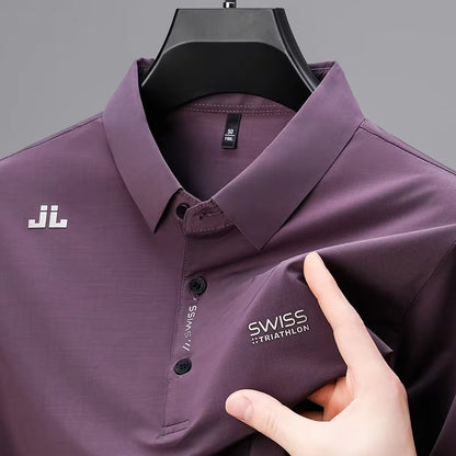 New Men'S Business Casual Short Sleeved Shirt with Badge Solid Color Polo Shirt Fashionable Breathable Comfortable Versatile Top