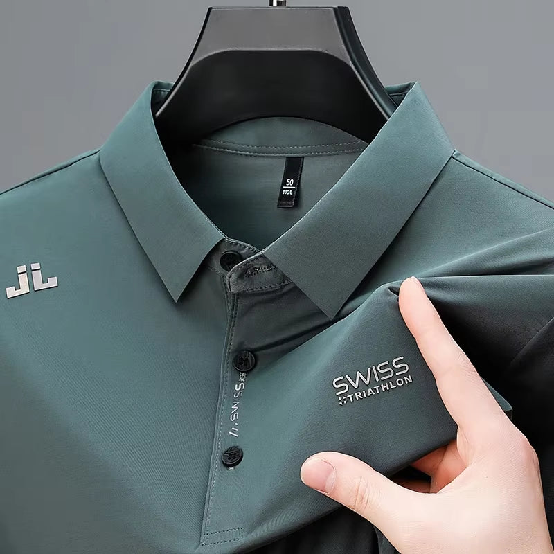 New Men'S Business Casual Short Sleeved Shirt with Badge Solid Color Polo Shirt Fashionable Breathable Comfortable Versatile Top