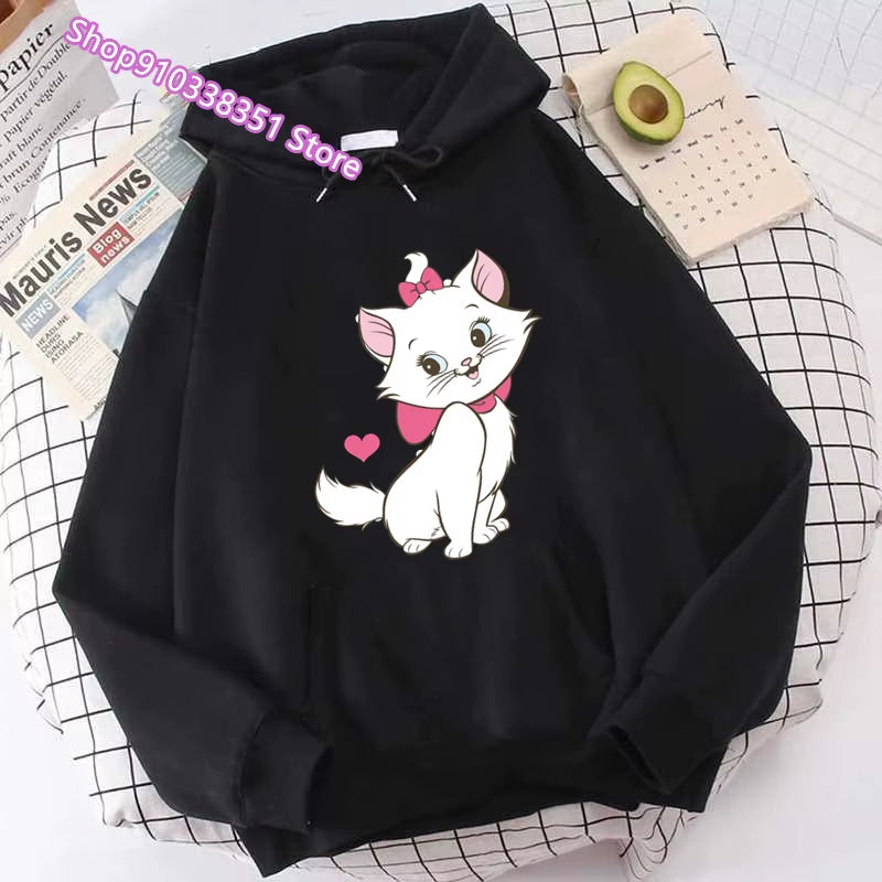 The Aristocats Marie Cat Print Women Sweatshirt Soft Casual Loose Vintage Female Hoodies 2024 Winter Warm Fleece Hooded Girls