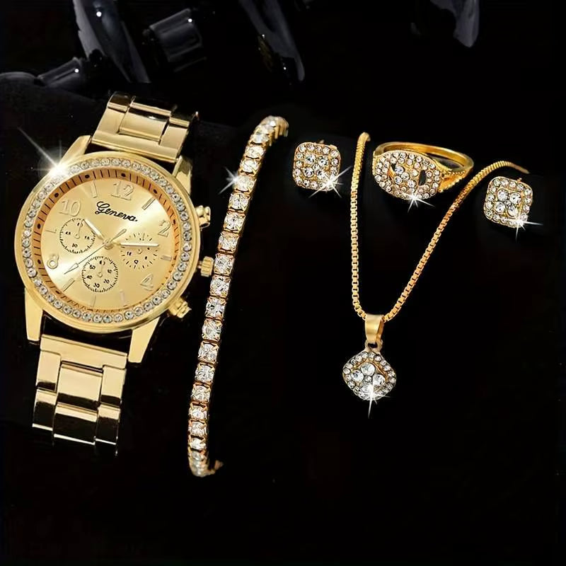 6 Pieces of Fashionable and Versatile Diamond Inlaid Rhinestone WOMEN'S Gold Quartz Steel Band Watch+Necklace+Earrings+Ring+Brac