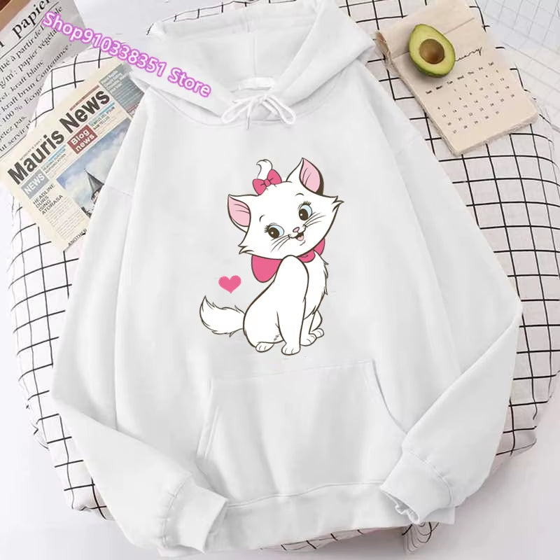 The Aristocats Marie Cat Print Women Sweatshirt Soft Casual Loose Vintage Female Hoodies 2024 Winter Warm Fleece Hooded Girls