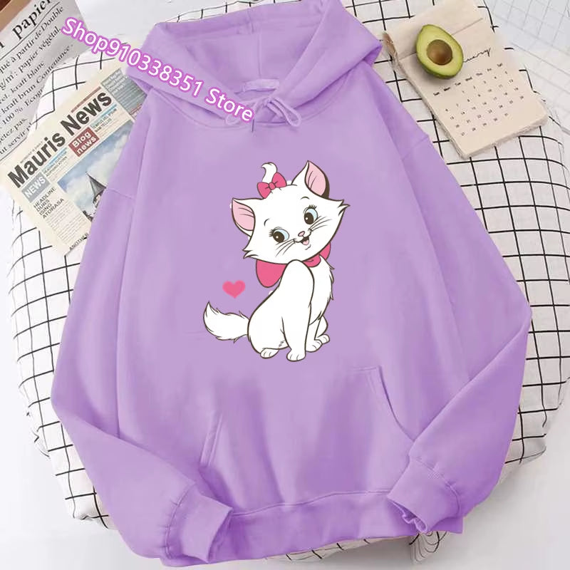 The Aristocats Marie Cat Print Women Sweatshirt Soft Casual Loose Vintage Female Hoodies 2024 Winter Warm Fleece Hooded Girls