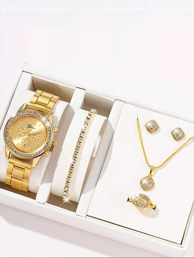 6 Pieces of Fashionable and Versatile Diamond Inlaid Rhinestone WOMEN'S Gold Quartz Steel Band Watch+Necklace+Earrings+Ring+Brac