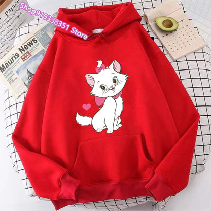 The Aristocats Marie Cat Print Women Sweatshirt Soft Casual Loose Vintage Female Hoodies 2024 Winter Warm Fleece Hooded Girls