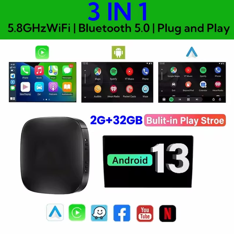 New Smart Carplay Ai Box Android 13 TV Box Wifi Wireless Android Auto Built-In Play Store for Netflix Youtube OEM Carplay Cars