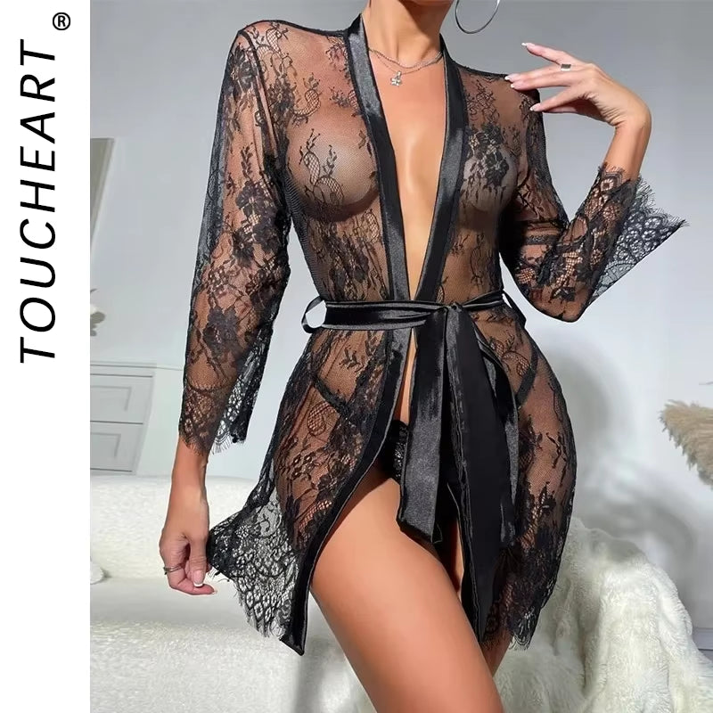 Sexy Lingerie Sexy Nightgown for Women See-Through Lace Printing Deep V-Neck Home Ultrathin Lace up Nightgown Set New