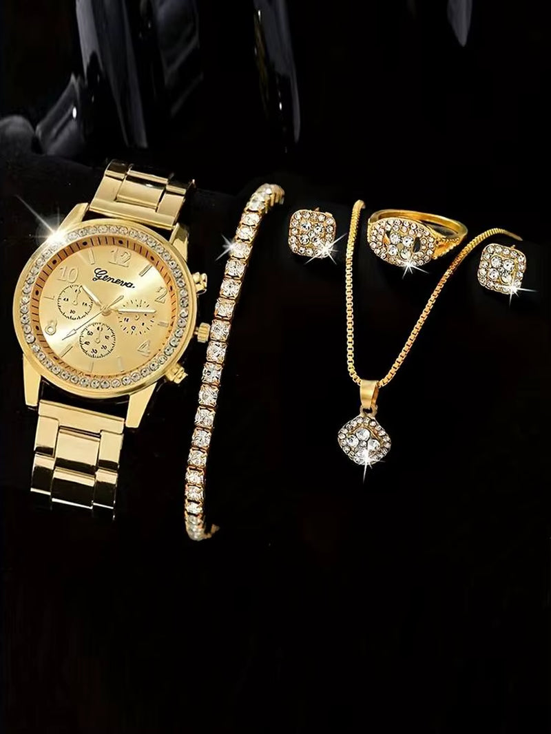 6 Pieces of Fashionable and Versatile Diamond Inlaid Rhinestone WOMEN'S Gold Quartz Steel Band Watch+Necklace+Earrings+Ring+Brac