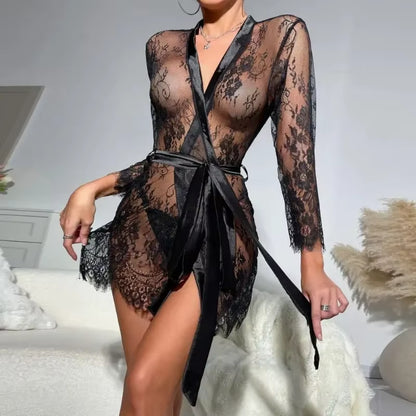 Sexy Lingerie Sexy Nightgown for Women See-Through Lace Printing Deep V-Neck Home Ultrathin Lace up Nightgown Set New