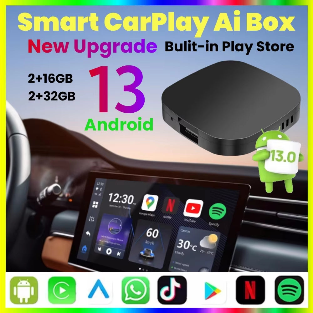 New Smart Carplay Ai Box Android 13 TV Box Wifi Wireless Android Auto Built-In Play Store for Netflix Youtube OEM Carplay Cars