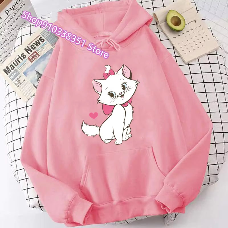 The Aristocats Marie Cat Print Women Sweatshirt Soft Casual Loose Vintage Female Hoodies 2024 Winter Warm Fleece Hooded Girls